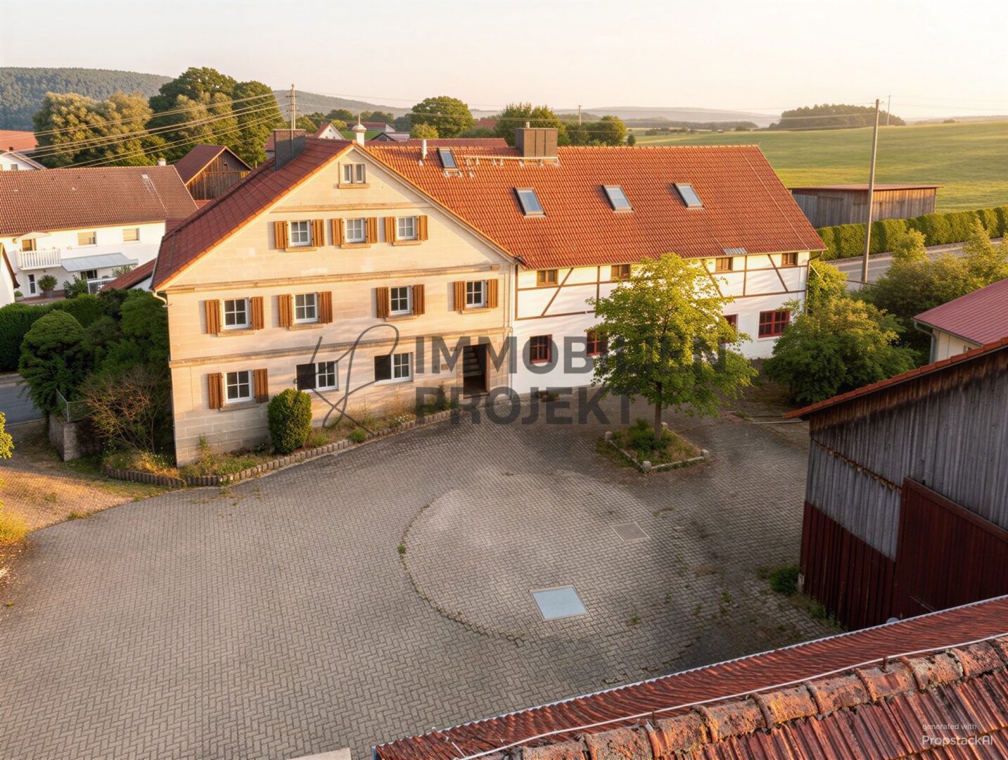 Ensemble aus Sandsteingebäude und Fachwerkgebäude