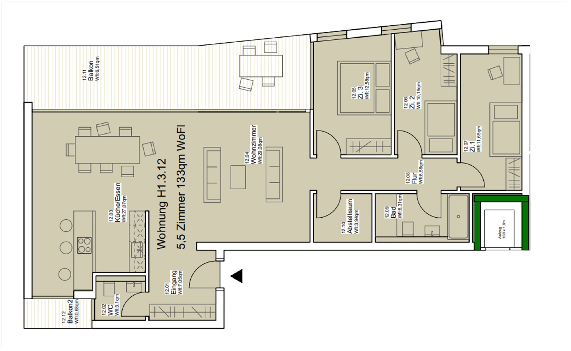 KS Immobilien Projekt Grundrissbeispiel 5,5 Zimmer Penthouse
